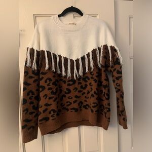 ANDTHEWHY NWT Brown and White Leopard Sweater with Tassels